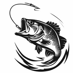 a black and white image of a fish with a fishing hook