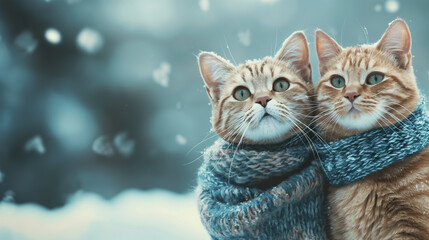 Two cats in a scarf on a winter background. Toned.