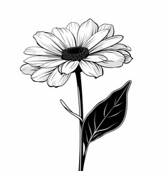 daisy flower black and white design with leaf and stem