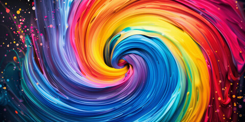 Vortex of multi-colors paints background. Whirlwind of colorful paints creative banner. Raster bitmap digital illustration. AI artwork.