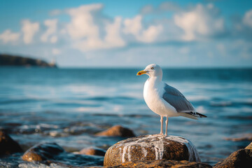 Naklejka premium A seagull standing on a rock in front of the sea on a sunny day with a blue sky and clouds