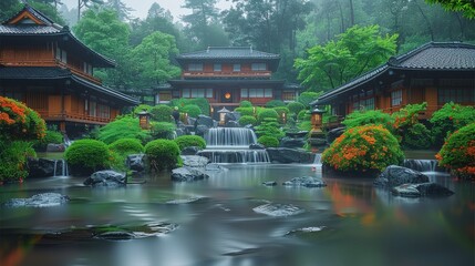 A Japanese-style garden with green trees, colorful flowers and waterfalls in the rain, surrounded by traditional wooden architecture and a stone bridge over a small stream. Generative AI.