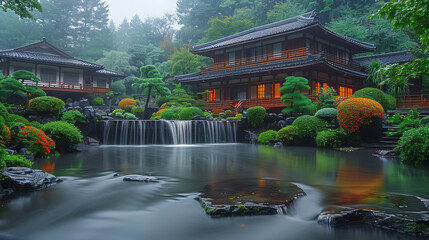A Japanese-style garden with green trees, colorful flowers and waterfalls in the rain, surrounded...