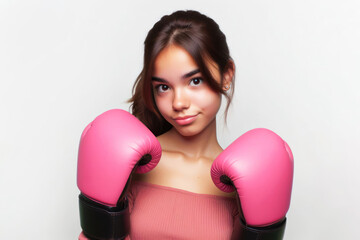 girl with pink boxing glove on white background