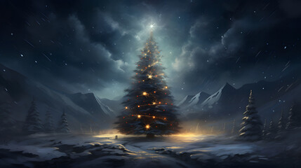 christmas tree with snow in the frozen winter wonderland landscape