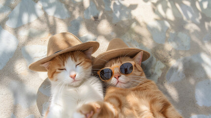 Top view of two cute cat wearing cowboy hat and sunglasses lying on the sand.