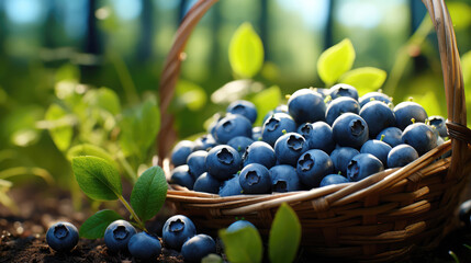 generated illustration of fresh harvest of blueberries in a woven basket - obrazy, fototapety, plakaty