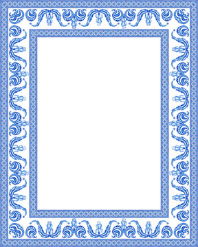 Rectangular watercolor frame in traditional Italian style. Hand drawn Sicilian majolica patterns for invitation and greeting card. Template for letterhead with blue azulejo.