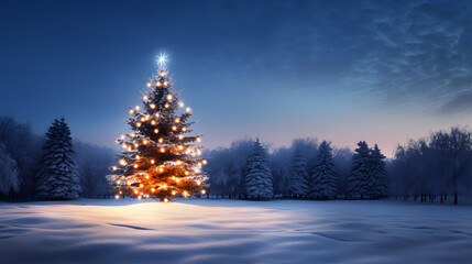 Decorated Christmas Tree in the Winter Wonderland, Xmas in the Snow, Frozen Landscape with Mountains in the background