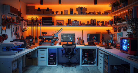 A maker space with 3d printers, computers and power tools on the wall. Generative AI.