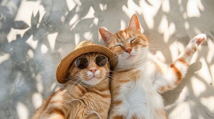 Cute ginger cat wearing sunglasses and hat lying in the sun.