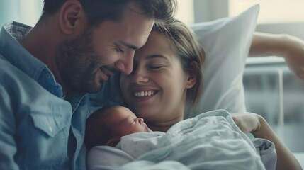 Happy couple hugging their newborn baby, the woman has just given birth to infant. Love Personified: A family Overwhelmed with Joy as They Hold Their little child for the First Time