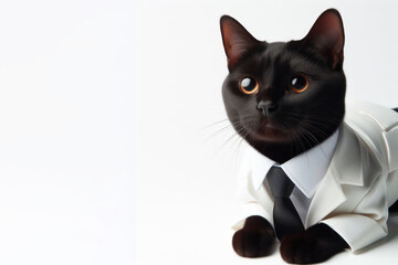 black cat wear white business suit on a white background