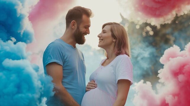 The woman is pregnant with twins, a boy and a girl. Colorful Anticipation: A Couple Embraces the Gender Reveal Moment at Their Baby Shower party