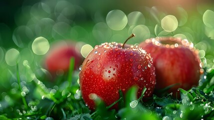 Fallen red apples with water droplets on vibrant green grass. Copy space