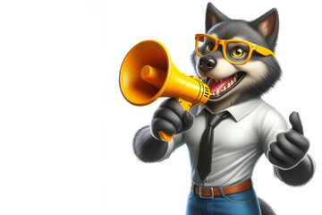 wolf holding a yellow megaphone on white background