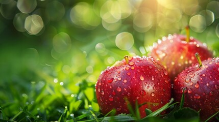 Red apples in the morning dew on green grass, space for text