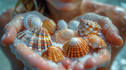 A Close-Up Shot Capturing The Vibrant Detail And Textures Of Seashells Held In A Sandy Hand