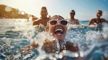 A group of people are swimming in the ocean and one of them is smiling