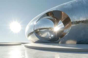 abstract round shaped futuristic metallic building with day light and sun reflections 3d render illustration modern minimalistic architecture background wallpaper
