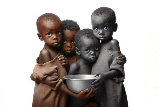 Poor hungry African children on white background