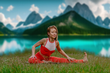 Portrait of happy relaxed young girl doing yoga exercise on mountain lake background, Perfect alignment: Young woman captures the essence of yoga by the mountain lake