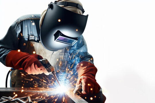Welder welding metal, lots of sparks, wearing protective welding gear on white background