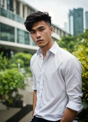 Portrait of an Asian businessman boy with shirt looking at camera