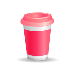 Cute 3D pink paper cup. Sample blank. Realistic clip art. Advertising template. Cafe menu design element. Tea or coffee banner. Isolated object. Editable color and shape. Abstract icon or logo. 