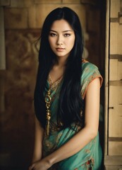 Fototapeta premium Close-up of a beautiful Asian woman with nice hair looking at camera