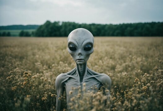 Creepy gray alien in the middle of a field looking at camera