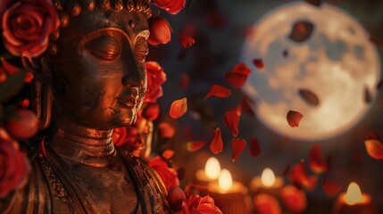 Buddha statue adorned with flowers under a full moon.