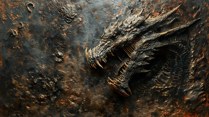 A dragon with its mouth open is on a dark background