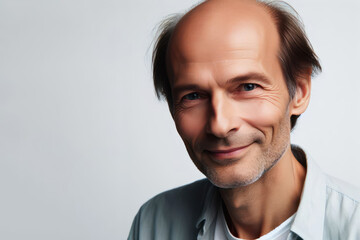 Smiling man half bald on white background, hair problem