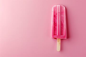 A pink popsicle rests on a clean white table against a solid colored background, evoking a sense of...
