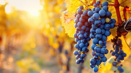 Close-up of ripe blue grapes on vine in sunlight.
