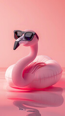 Flamingo float with sunglasses on pastel pink background Summer minimal concept 3d rendering