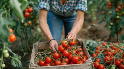 Young Woman Harvesting Ripe Tomatoes in Sunny Garden