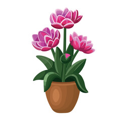 Tulips in a pot on a white background, hand drawing vector in cartoon.