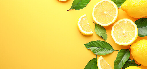 The freshness of ripe, juicy lemons alongside orange and green leaves against a radiant yellow backdrop