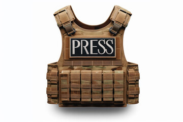 a military bulletproof vest with the inscription PRESS on white background
