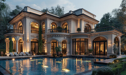 A grand mansion with Greek column architecture, featuring an outdoor pool and courtyard. Created with Ai