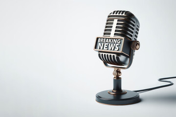 Microphone on a stand with the inscription on the die BREAKING NEWS on a white background