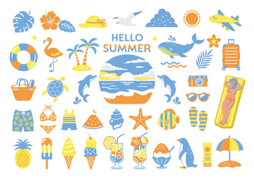 夏・海のイラストセット　南国　旅行　アイコン　ビーチ　装飾