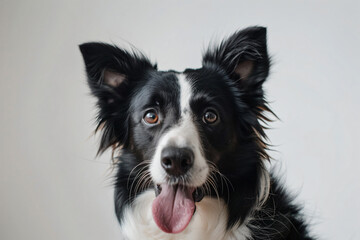 a black and white dog with its tongue out