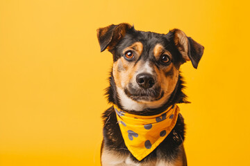a dog wearing a yellow bandana on a yellow background - Powered by Adobe