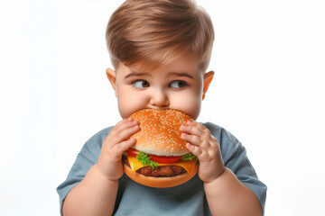 Little fat child eating burger on white background