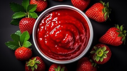 Bowl with delicious strawberry jam and fresh strawberries on a black background.