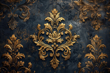 Dark background with a European style decoration featuring a gold and dark blue. Created with AI 