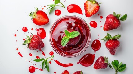Bowl with delicious strawberry jam and fresh strawberries on a white background.